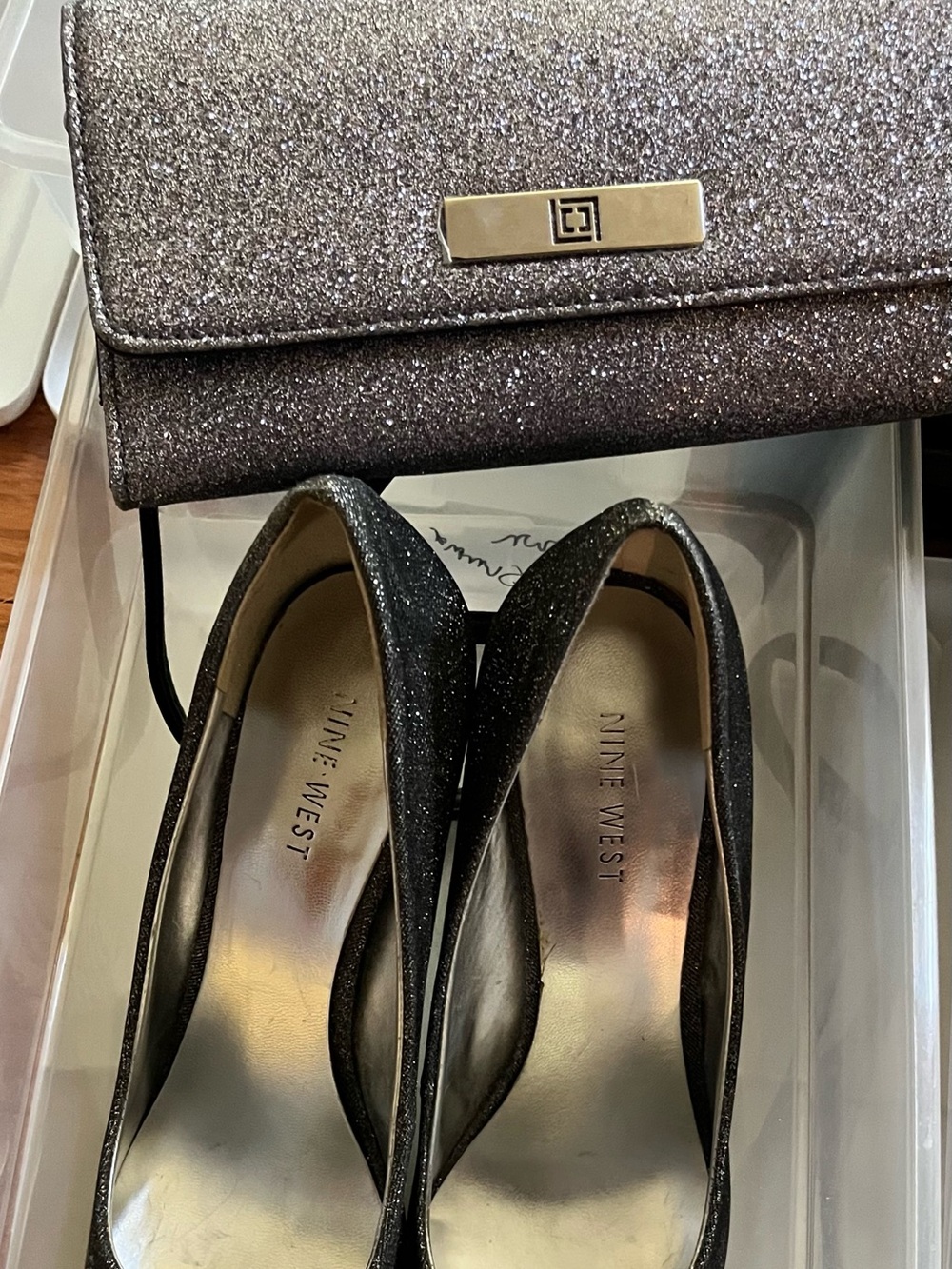 Nine West Black Glitter Pointed Pumps with Sparkle